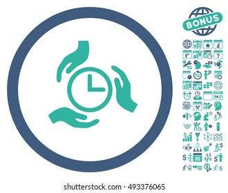 Time Care Hands icon with bonus calendar and time management graphic icons. Vector illustration style is flat iconic bicolor symbols, cobalt and cyan colors, white background.