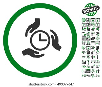 Time Care Hands icon with bonus calendar and time management graphic icons. Vector illustration style is flat iconic bicolor symbols, green and gray colors, white background.