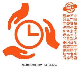 Time Care Hands icon with bonus calendar and time management clip art. Vector illustration style is flat iconic symbols, orange color, white background.
