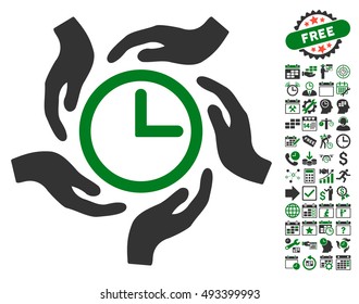 Time Care icon with bonus calendar and time management icon set. Vector illustration style is flat iconic bicolor symbols, green and gray colors, white background.