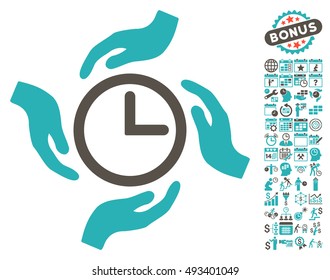 Time Care icon with bonus calendar and time management graphic icons. Vector illustration style is flat iconic bicolor symbols, grey and cyan colors, white background.
