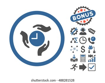 Time Care icon with bonus icon set. Vector illustration style is flat iconic bicolor symbols, cobalt and gray colors, white background.