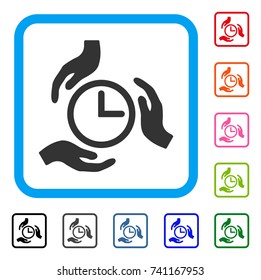 Time Care icon. Flat grey pictogram symbol inside a light blue rounded frame. Black, gray, green, blue, red, orange color additional versions of Time Care vector.