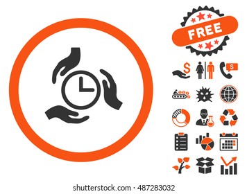 Time Care icon with free bonus design elements. Vector illustration style is flat iconic bicolor symbols, orange and gray colors, white background.