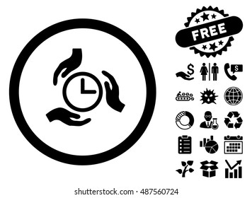 Time Care icon with free bonus pictogram. Vector illustration style is flat iconic symbols, black color, white background.