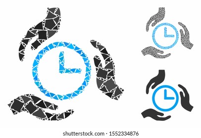 Time care mosaic of bumpy elements in various sizes and color tones, based on time care icon. Vector rugged elements are grouped into collage. Time care icons collage with dotted pattern.