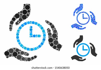 Time care mosaic of round dots in various sizes and color hues, based on time care icon. Vector round elements are composed into blue mosaic. Dotted time care icon in usual and blue versions.