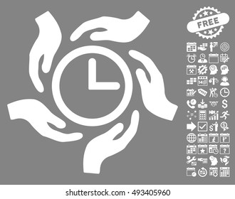 Time Care pictograph with bonus calendar and time management pictures. Vector illustration style is flat iconic symbols, white color, gray background.