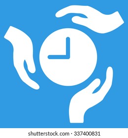 Time Care vector icon. Style is flat symbol, white color, rounded angles, blue background.