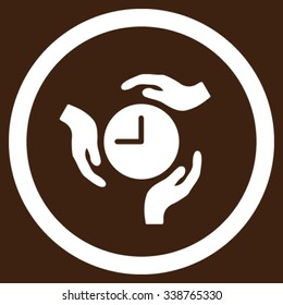 Time Care vector icon. Style is flat rounded symbol, white color, rounded angles, brown background.