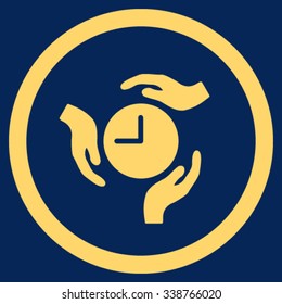 Time Care vector icon. Style is flat rounded symbol, yellow color, rounded angles, blue background.