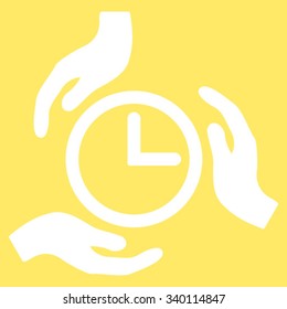 Time Care vector icon. Style is flat symbol, white color, rounded angles, yellow background.