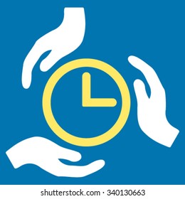 Time Care vector icon. Style is bicolor flat symbol, yellow and white colors, rounded angles, blue background.