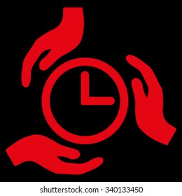 Time Care vector icon. Style is flat symbol, red color, rounded angles, black background.