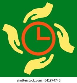 Time Care vector icon. Style is bicolor flat symbol, orange and yellow colors, rounded angles, green background.