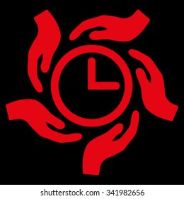Time Care vector icon. Style is flat symbol, red color, rounded angles, black background.