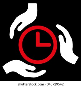 Time Care vector icon. Style is bicolor flat symbol, red and white colors, rounded angles, black background.