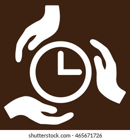 Time Care vector icon. Style is flat symbol, white color, rounded angles, brown background.