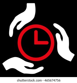 Time Care vector icon. Style is bicolor flat symbol, red and white colors, rounded angles, black background.