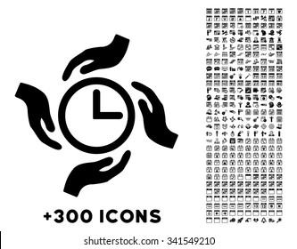 Time Care vector pictogram with additional 300 date and time management icons. Style is flat symbols, black color, rounded angles, white background.