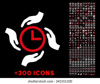 Time Care vector pictogram with additional 300 date and time management icons. Style is bicolor flat symbols, red and white colors, rounded angles, black background.