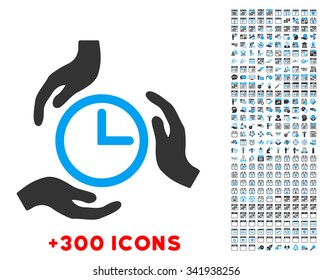 Time Care vector pictogram with additional 300 date and time management icons. Style is bicolor flat symbols, blue and gray colors, rounded angles, white background.