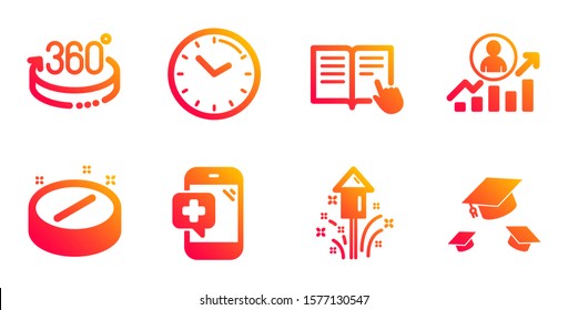 Time, Career ladder and Read instruction line icons set. Fireworks, Medical phone and Medical tablet signs. 360 degrees, Throw hats symbols. Clock, Manager results. Science set. Vector
