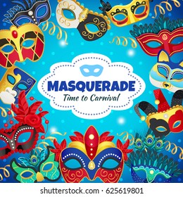 Time to carnival decorative background with colorful frame composed of wonderful masquerade masks flat vector illustration 