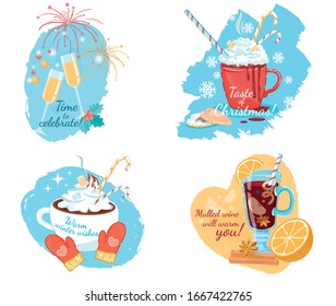 Time to Celebrate New Year with Sparkling Wine. Christmas Hot Chocolate Topped with Whipped Cream, Mini Marshmallows and Candy Canes. Hot Drinks and Mulled Wine for Cold Winter Days. Four Banners Set.