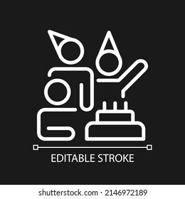 Time to celebrate pixel perfect white linear icon for dark theme. Party with work team. Happy anniversary. Thin line illustration. Isolated symbol for night mode. Editable stroke. Arial font used