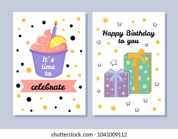 Its time to celebrate postcards collection, happy Birthday to you, Birthday cards with presents and cake with slice of orange, vector illustration
