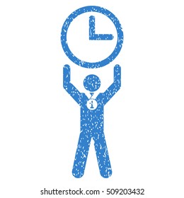 Time Champion grainy textured icon for overlay watermark stamps. Flat symbol with dust texture. Dotted vector cobalt ink rubber seal stamp with grunge design on a white background.