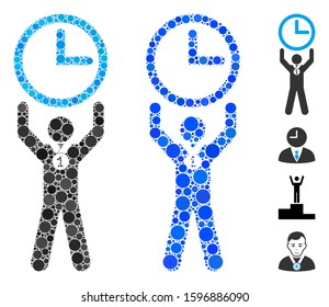 Time champion mosaic of filled circles in various sizes and color tints, based on time champion icon. Vector filled circles are grouped into blue mosaic.