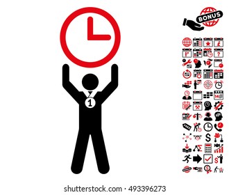Time Champion pictograph with bonus calendar and time management pictogram. Vector illustration style is flat iconic bicolor symbols, intensive red and black colors, white background.