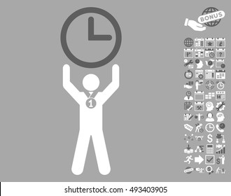 Time Champion pictograph with bonus calendar and time management pictures. Vector illustration style is flat iconic bicolor symbols, dark gray and white colors, silver background.