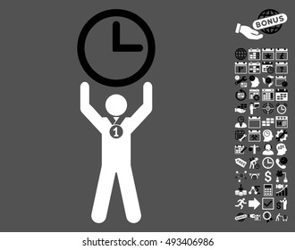 Time Champion pictograph with bonus calendar and time management design elements. Vector illustration style is flat iconic bicolor symbols, black and white colors, gray background.
