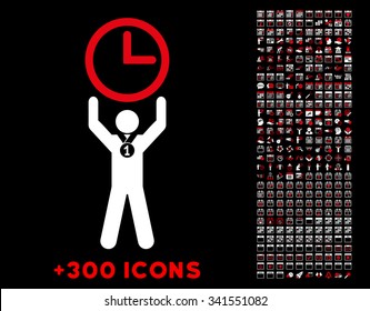 Time Champion vector pictogram with additional 300 date and time management icons. Style is bicolor flat symbols, red and white colors, rounded angles, black background.