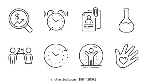 Time change, Alarm clock and Social responsibility line icons set. Currency audit, Social distancing and Recovered person signs. Interview documents, Chemistry lab symbols. Quality line icons. Vector