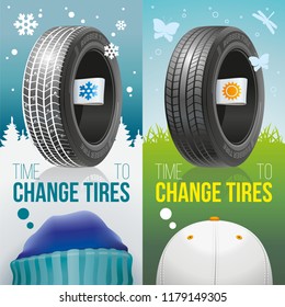 It is time to change automobile tires on a season! Two colourful advertizing banners of winter and summer tires with labels of seasons.