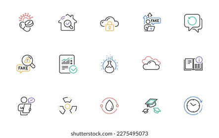 Time change, Cloudy weather and Inspect line icons for website, printing. Collection of Checked calculation, Throw hats, Instruction info icons. Fake internet, Cloud protection. Vector