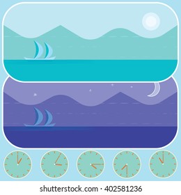 Time change illustration. Daytime and nighttime sea landscape with a boat. 