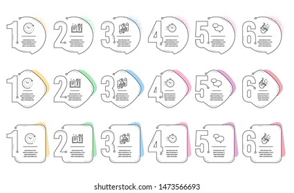 Time change, Jazz and Recipe book line icons set. Infographic timeline. Chat message, Report document and Timer signs. Clock, Saxophone, Food. Speech bubble. Education set. Vector