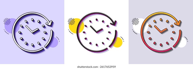 Time change line icon. Halftone dotted pattern. Gradient icon with grain shadow. Clock sign. Watch symbol. Line time change icon. Various designs. Vector