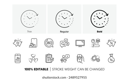 Iconos de línea de almacenamiento en línea, Podio y Cambio de hora. Paquete de engranajes, entrega de alimentos, icono de monitor. 360 grados, lista de verificación de Encuesta, pictograma del App de Locación. Porcentaje de préstamos, Estadísticas de préstamos, Smartphone. Vector
