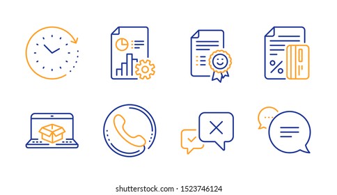 Time change, Report and Credit card line icons set. Reject, Call center and Smile signs. Online delivery, Text message symbols. Clock, Presentation document. Technology set. Vector