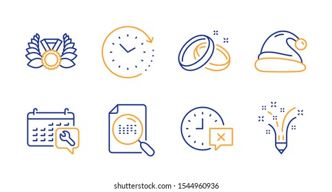 Time change, Santa hat and Wedding rings line icons set. Laureate medal, Spanner and Time signs. Search file, Inspiration symbols. Clock, Christmas. Business set. Line time change icon. Vector