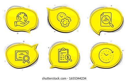 Time change sign. Diploma certificate, save planet chat bubbles. Time management, Analytics graph and Accounting report line icons set. Settings, Chart report, Check finance. Clock. Vector