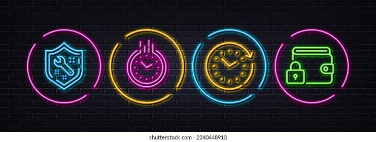 Time change, Time and Spanner minimal line icons. Neon laser 3d lights. Lock icons. For web, application, printing. Clock, Repair service, Blocked wallet. Neon lights buttons. Vector