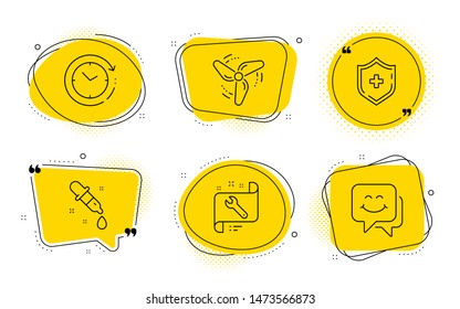 Time change, Wind energy and Smile face signs. Chat bubbles. Chemistry pipette, Spanner and Medical shield line icons set. Laboratory, Repair service, Medicine protection. Clock. Vector