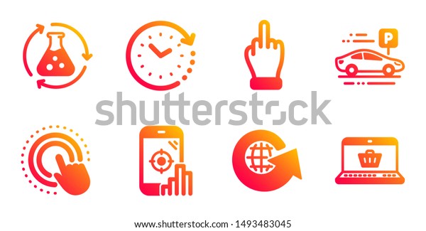 Time change, World globe and Middle finger line\
icons set. Car parking, Click hand and Chemistry experiment signs.\
Seo phone, Online shopping symbols. Clock, Around the world.\
Business set. Vector